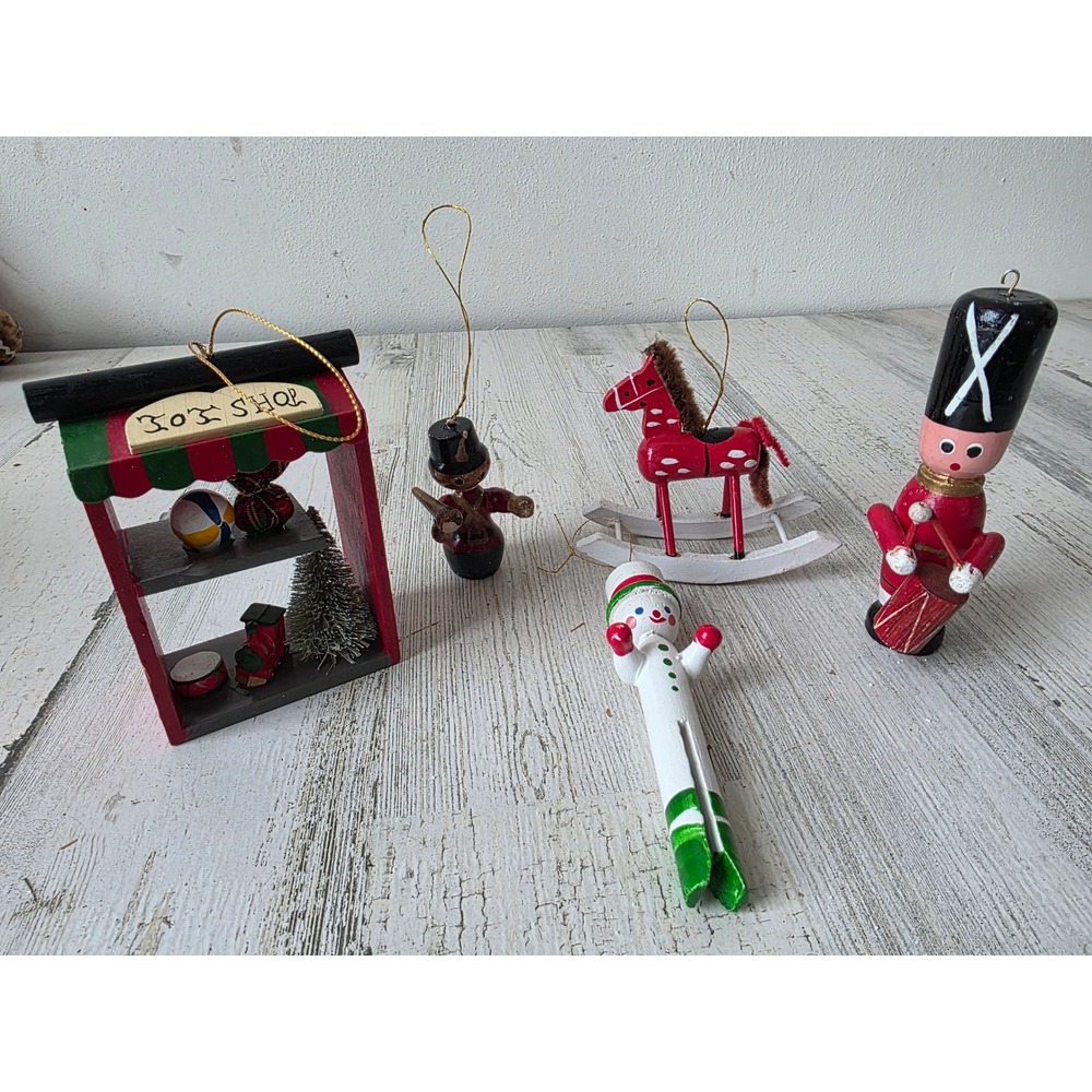 Vintage wooden toy snowman ornament‎ soldier nutcracker rocking horse set